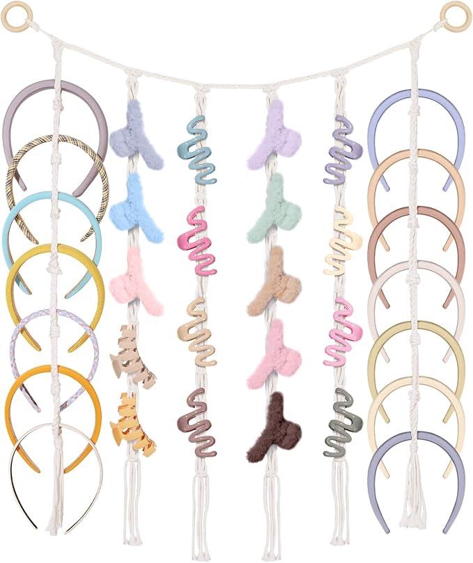 SNOWSTAR Macrame Hair Claw Clip Organizer,Hanging Headband Holder and Storage for Women Girls,Headbands Organizer Hanger Home Decor for Wall,Door,Close