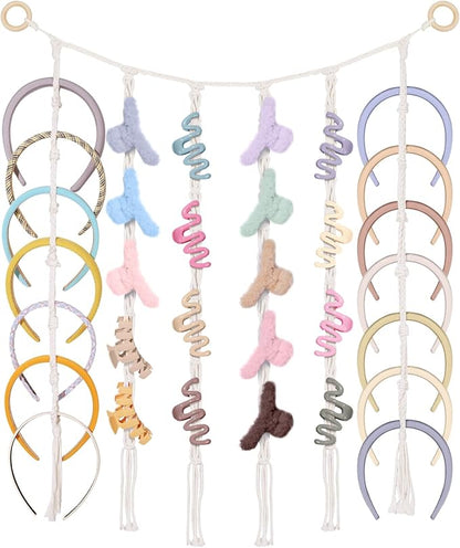 SNOWSTAR Macrame Hair Claw Clip Organizer,Hanging Headband Holder and Storage for Women Girls,Headbands Organizer Hanger Home Decor for Wall,Door,Close
