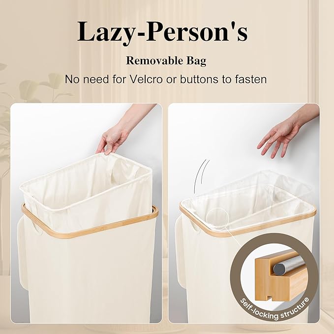 Foluck Large Laundry Hamper, 75L Waterproof Laundry Basket with Lid and Removable Bag, Collapsible Tall Clothes Hamper with Bamboo Handles for Clothes Toys in Dorm Bedroom Bathroom, Beige