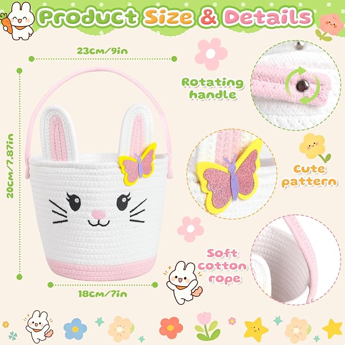 Small Woven Storage Basket with Handle, Cute Bunny Baskets for Gift Empty, Cotton Rope Storage Basket for Toy Organizer