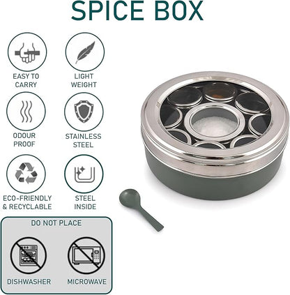Elan Stainless Steel Masala Box | Spice Storage Container | Masala Dani With 9 Containers and Small Spoon | Masala Dabba For Kitchen See Through Lid | Kitchen Spice Organiser (Moss green)