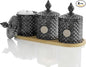 3Pack Qtip Holder Set with Bamboo Tray - 10oz Black Glass Diamond-Facet Apothecary Jars with Lids - Bathroom Canisters for Cotton Swabs, Balls, Pads & Floss Picks - Vanity Storage Organizer