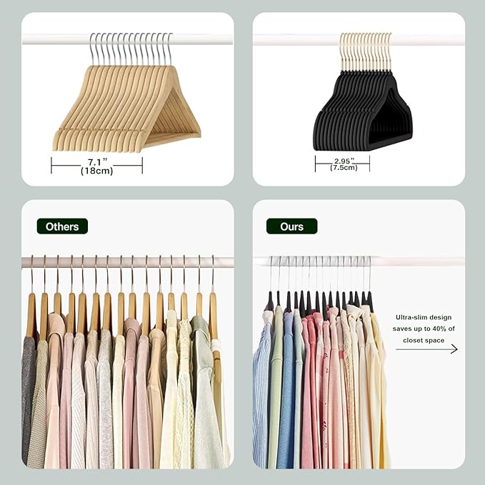 36 Packs Velvet Clothes Hangers, 17.3 Inches Non-Slip Skirt Hangers, Sturdy Dresses Hangers with Shoulder Notches, Space Saving Clothing Hangers for Adults, Black with Gold Hook