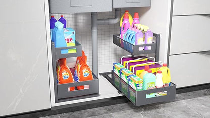 Petiza Under Sink Organizer Pull Out Cabinet Organizer Adjustable Height 2 Tier with Sliding Drawers Kitchen Bathroom Organizer and Storage(Gray-1pc)