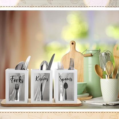 Gejoy Acrylic Silverware Cutlery Holder Flatware Caddy Utensil Holder with Wood Tray Spoon Fork Knives Flatware Dispenser for Kitchen Table Countertop Silverware Storage Organizer(White)