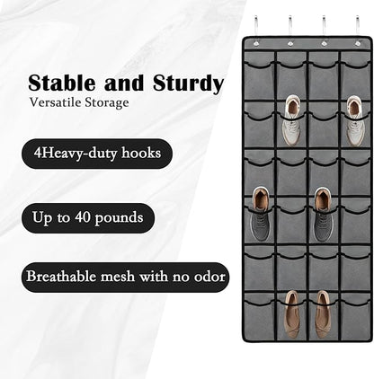 Over the Door Shoe Organizer, 24 Large Breathable Mesh Pockets, Space Saving Hanging Storage, Holds Up to 40 lbs, Hangs on Closets for Shoes, Accessories, Gray