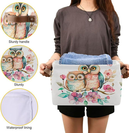 Large Storage Basket Cute Owl Couple Flowers Storage Bin Cube Canvas Fabric Organizer Handles Collapsible for Clothes Toys Bedroom Decorative