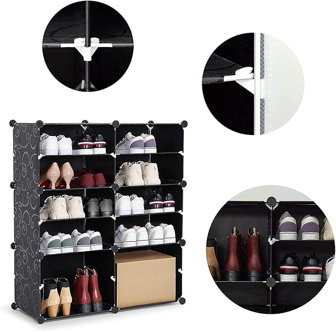 Mondeer Shoes Rack, Shoe Storage Cabinet, Shoe Storage Ideas, Plastic Foldable Shoe Storage Unit with 6 Tier, Modular Shoe Organizer for Space Saving (Black)