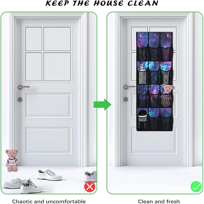 Over the Door Storage Organizer 12 Mesh Pockets, Heavy Duty Home Organization for Kitchen, Office, Dorm Rooms,Purple Butterfly