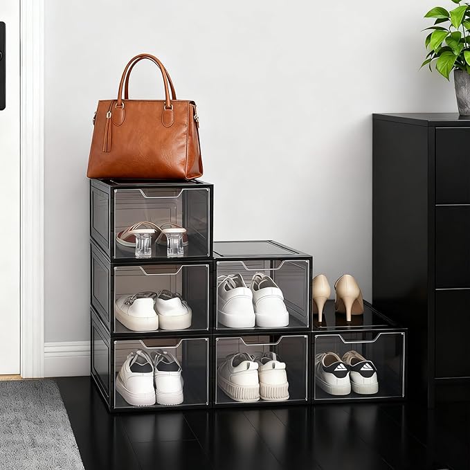 Shoe Boxes Shoe Storage Boxes Display Boxes with Magnetic Doors and Stackable Design, Ideal for Hallways, Under Beds, Wardrobes, and Living Rooms (Magnetic Door-Black, 6 Pack)