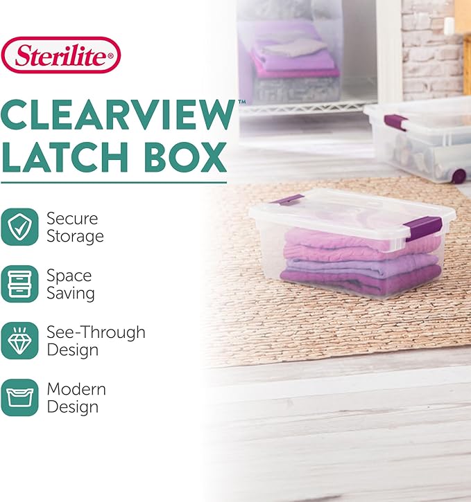 Sterilite 12-Pack ClearView Latch Box, Stackable Organizer Bins with Lids, 15 Quart - Clear Plastic Organization Containers for Closet, Bedroom, Shelving Units and Home or Office Storage