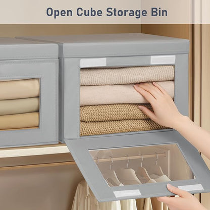 DIMJ Storage Bins with Lids - 6 Pack Large Fabric Closet Organizer with Window & Handles, Collapsible Decorative Storage Boxes for Shelves Under Bed, Books Clothes Blankets Sweaters Organization
