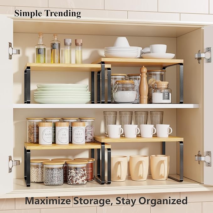 Simple Trending Bamboo Cabinet Organizer Shelf, Set of 2 Kitchen Counter Shelves, Stackable Expandable Spice Rack Kitchen Storage, Black and Natural Beige