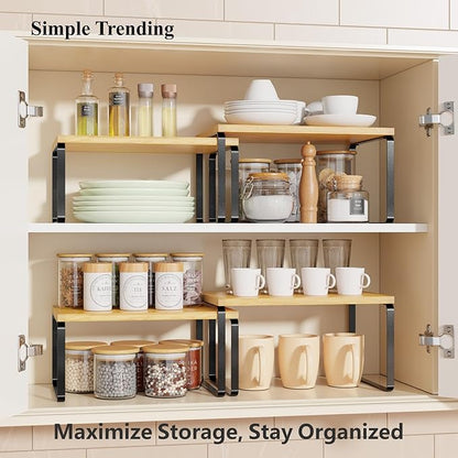 Simple Trending Bamboo Cabinet Organizer Shelf, Set of 2 Kitchen Counter Shelves, Stackable Expandable Spice Rack Kitchen Storage, Black and Natural Beige