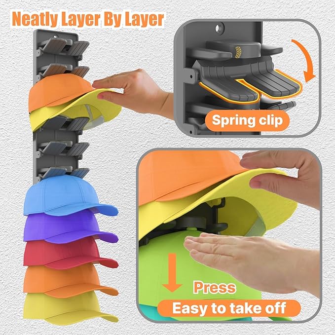 Hat Organizer for Baseball Caps 2-Pack, Hat Rack for Wall with Built-in Spring Clips, Wall Mount Closet/Door Hat Rack Holder, Cap Storage Display Hanger, Adhesive & Screws, Matte Black