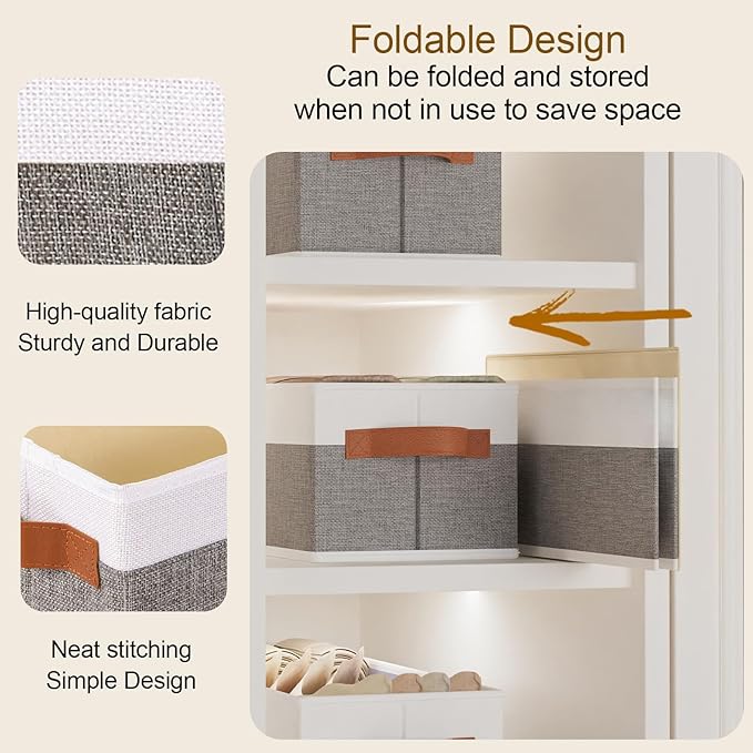 3 Pack Storage Bins, Foldable Baskets for Shelves Organizing, Fabric Storage Boxes with Handles, White and Gray, 15 x 6 x 5 Inch