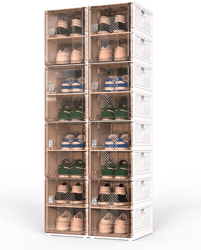 Latoxcaa 8 Tiers Foldable Shoe Storage, No-Tool Assembly Shoe Box with Magnetic Clear Doors, Closed Shoe Rack for Closet, Entryway and Garage, Fits Men's Size 14, 16 Pairs