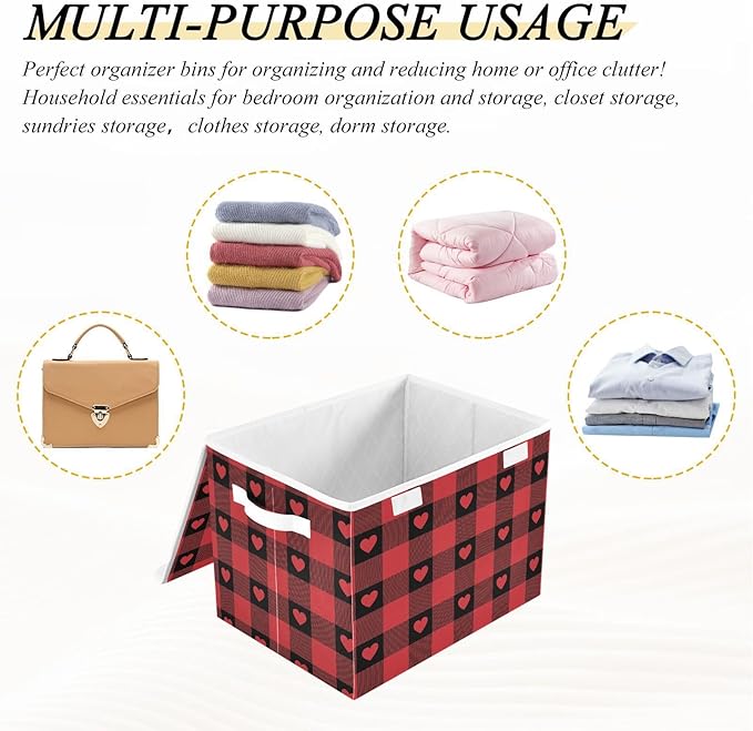 senya Valentines Storage Baskets Collapsible Storage Bins with Lids, Red Buffalo Check Gingham Love Heart Storage Boxes Clothes Baskets for Organizing