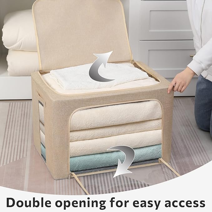 FHSQX Extra Large Clothes Storage Bins Foldable Metal Frame Storage Box Stackable Linen Fabric Box Organizer Set with Carrying Handles and Clear Window (Beige, 23.6x 16.5x 15.7 Inch)
