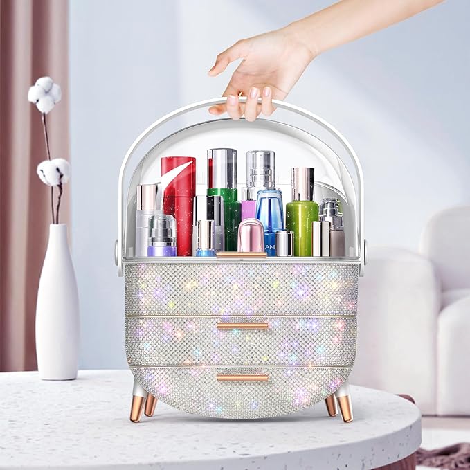 Makeup Organizer For Teen Girl Birthday Gifts, Cosmetic Display Cases with Transparent Cover, Skincare Organizers for Vanity, Perfume Organizer, Lotions Display Case, Lipstick Organizer (Rhinestone)