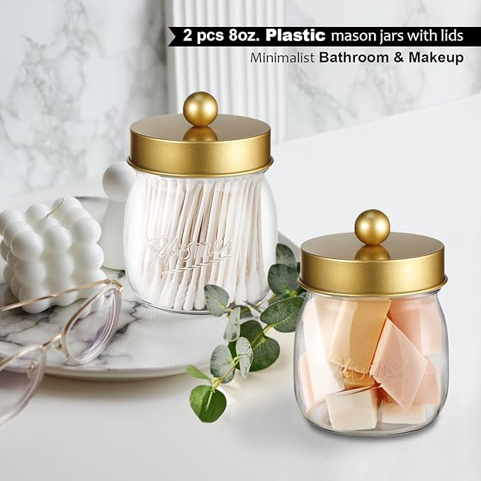 Farmhouse Decor Apothecary Jar Set, Mason Jar Bathroom Vanity Storage Organizer Canister-Qtip Holder Plastic Acrylic Jar for Cotton Swabs, Cotton Pad, Floss Pick, Paper Clips, Hair Clip (2 Pack, Gold)