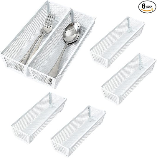 Mesh Tray Kitchen Drawer Utensil Cutlery Tray Office Supplies with Inter-locking Arm Drawer Dividers Organizer for Silverware, Flatware, Home,Office, School,Bedroom(9＂X3＂6pack) White