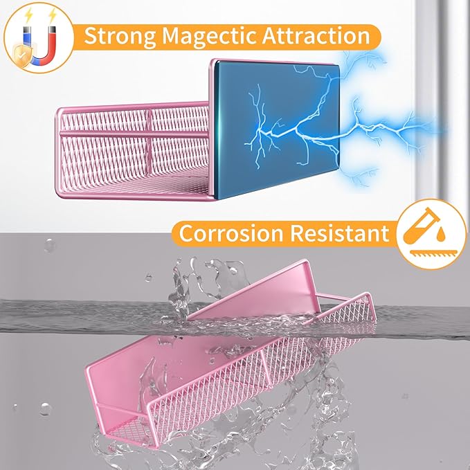 DTUQYX Magnetic Spice Rack for Refrigerator, 4 Pack 100% Metal Strong Magnet Fridge Shelves, Space Saving Spice Organizer, No Drilling Moveable Home Kitchen Laundry Room Storage Organization, Pink