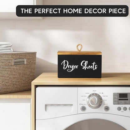 Wood Dryer Sheet Holder - Laundry Sheets Container with Lid - Farmhouse Laundry Room Organization and Storage for Laundry Room Decor and Accessories - Fabric Sheet Dispenser, Black