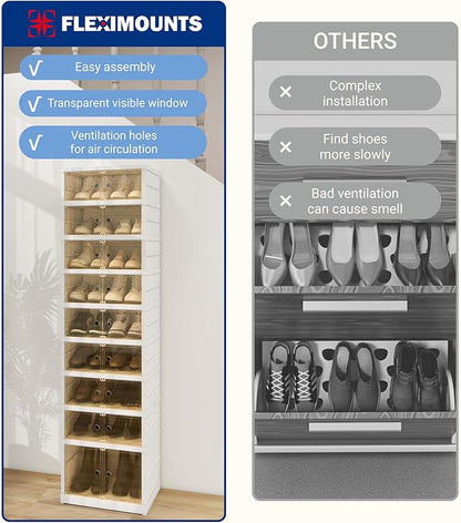 FLEXIMOUNTS Shoe Rack Organizer Storage Box 9 Tiers-18 Pairs, Tall Portable Folding Shoe Rack for Closet Entryway, Collapsible Shoe Cabinet with Magnetic Clear Door for Front Door Entrance