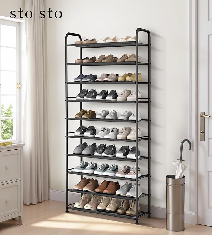 STO STO 10-Tier Shoe Rack with Sturdy Mesh Shelves, Tall Metal Shoe Organizer for Entryway, Closet, Garage, Front Door, Holds 30 Pairs, Free Standing Large Shoe Storage Shelf, Adjustable Feet, Black