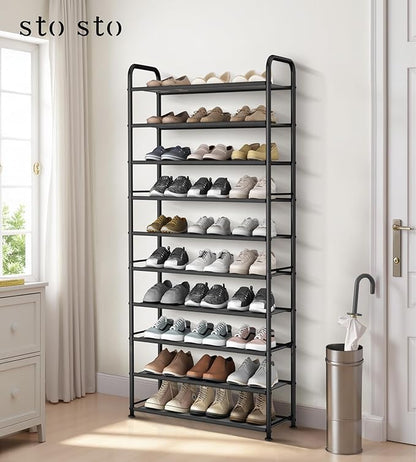 STO STO 10-Tier Shoe Rack with Sturdy Mesh Shelves, Tall Metal Shoe Organizer for Entryway, Closet, Garage, Front Door, Holds 30 Pairs, Free Standing Large Shoe Storage Shelf, Adjustable Feet, Black