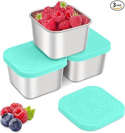 Qukaka Stainless Steel Snack Containers for Kids,7.2oz Easy Open Leak Proof Reusable Snack Box Container with Lids,Small Lunch Containers for Meal Prep,School,Picnic and Travel-3Pack