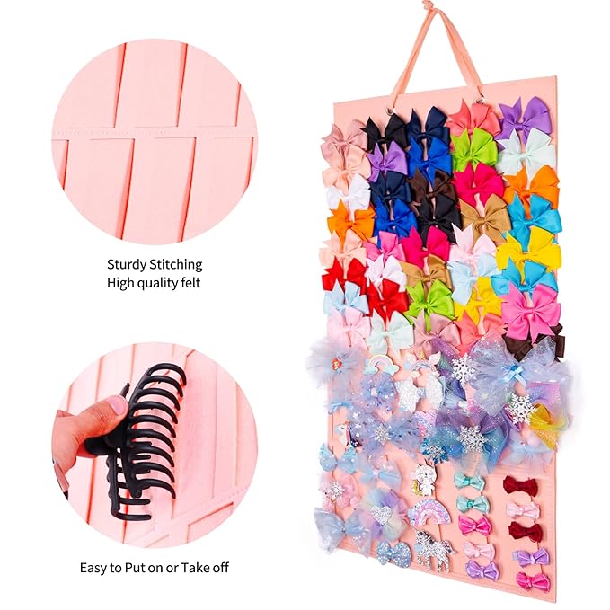 Bow Holder for Girls Hair Bows Claw Clip Organizer, Large Capacity, 4 Layer Display Holder, Holds 150+ Pcs, Pink-B, Modern Style, Felt Material, Easy Assembly for Girls & Women