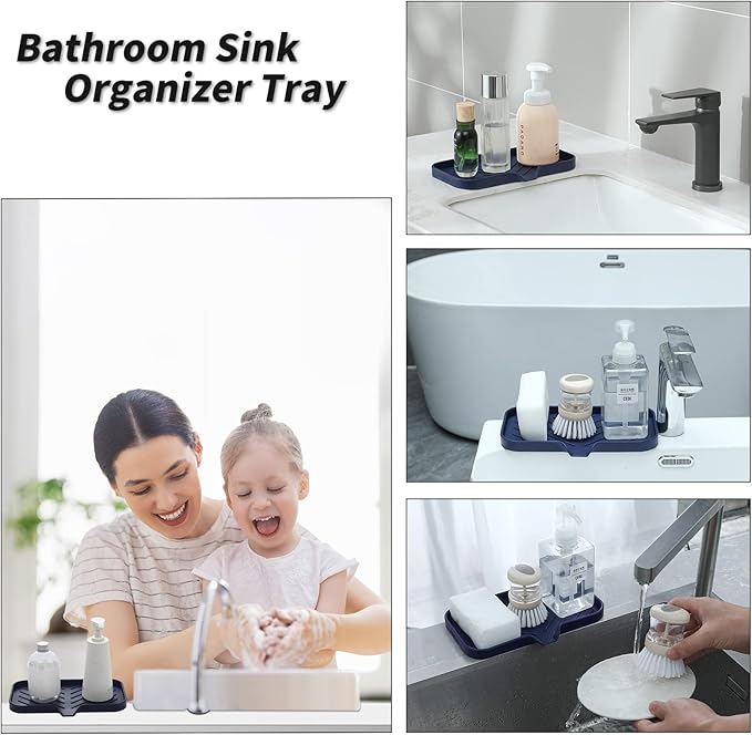 MicoYang Silicone Bathroom Soap Dishes with Drain Spout-Kitchen Sink Organizer,Sponge Holder,Dish Soap Tray,Perfect for Dispenser,Scrubber,Bottle,Cup on Sink or Counter-Navy Blue 9.6"×5.3"