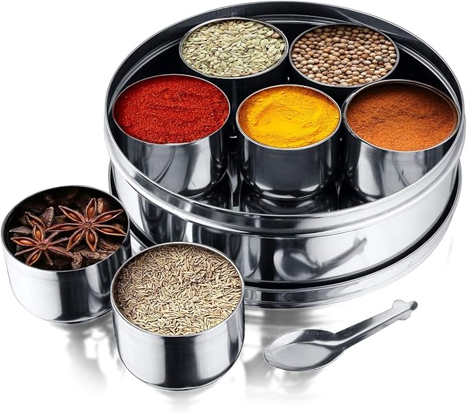 Vinod 7 in 1 Stainless Steel Spice Box with Lid | Indian Masala Dabba | Indian Spice Box | Masala Dani for Kitchen | Includes 7 Small Containers, 1 Spoon & a See Through Lid | 8 Inches Diameter