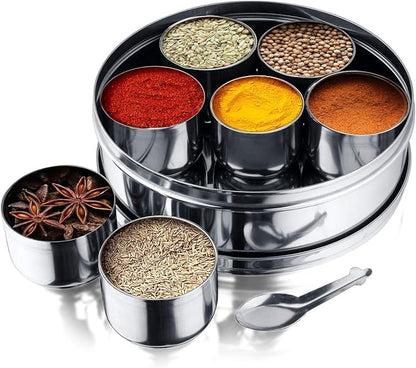 Vinod 7 in 1 Stainless Steel Spice Box with Lid | Indian Masala Dabba | Indian Spice Box | Masala Dani for Kitchen | Includes 7 Small Containers, 1 Spoon & a See Through Lid | 8 Inches Diameter