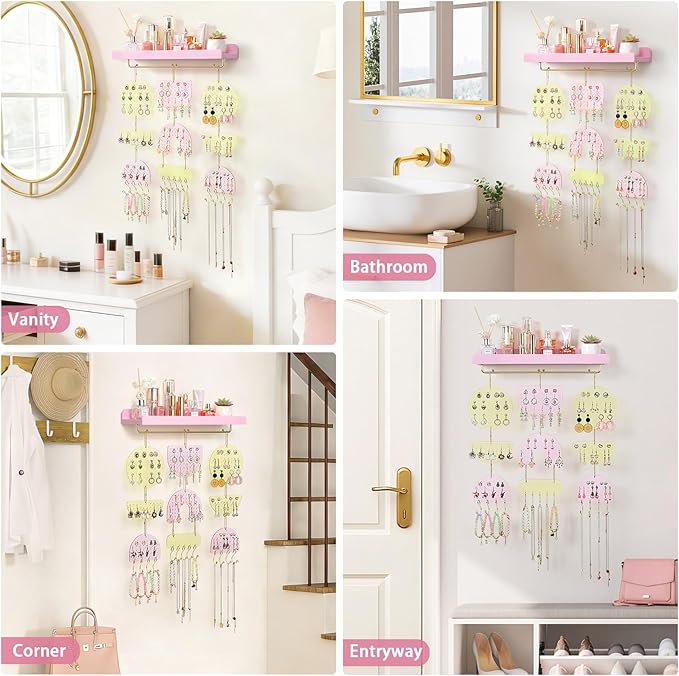 Keebofly Wall Mounted Jewelry Organizer, Hanging Earring Holder with Wood Shelf & Necklace Hooks, Acrylic Pegboard Earring Display Rack for 100+ Pairs Studs, Hoops & Dangles, Decorative Storage, Pink