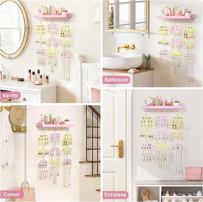 Keebofly Wall Mounted Jewelry Organizer, Hanging Earring Holder with Wood Shelf & Necklace Hooks, Acrylic Pegboard Earring Display Rack for 100+ Pairs Studs, Hoops & Dangles, Decorative Storage, Pink