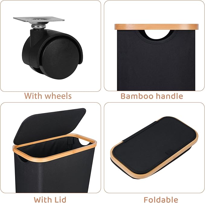 Slim Laundry Basket with Wheels,Narrow Hampers for Laundry,Freestanding Laundry Hamper with Lid&Bamboo Handles,Collapsible & Waterproof Tall Cloth Hamper for Dorm Family(60L Black)
