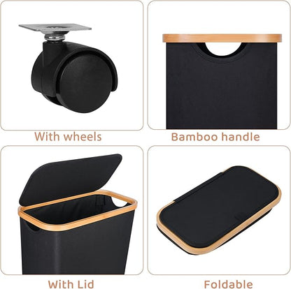 Slim Laundry Basket with Wheels,Narrow Hampers for Laundry,Freestanding Laundry Hamper with Lid&Bamboo Handles,Collapsible & Waterproof Tall Cloth Hamper for Dorm Family(60L Black)