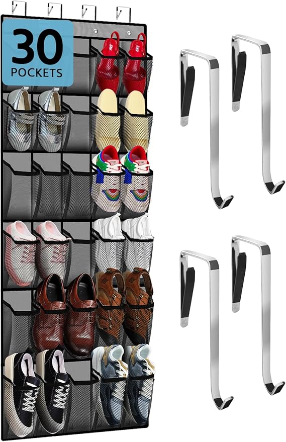 PAULONE Over the Door Organizer with 30 Large Pockets, 3 Sizes of Closet Hangers, Holds up to 69 lbs, Hanging Organizer with Clear Window for Children's Toys, Shoes, Diapers (Gray)