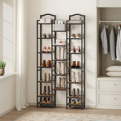 YATINEY 12-Tier Tall Shoe Rack, Vertical Shoe Organizer for Small Spaces, Wooden Shoe Shelf for Entryway, Space Saving Shoe Storage, Holds 12 Pairs of Shoes, Rustic Brown and Black SS52BR