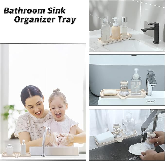 MicoYang Silicone Bathroom Soap Dishes with Drain Spout-Bathroom and Kitchen Sink Organizer,Sponge Holder,Dish Soap Tray,Perfect for Dispenser,Scrubber,Bottle,Cup on Sink or Counter-Tapioca 12"×4"
