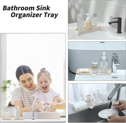 MicoYang Silicone Bathroom Soap Dishes with Drain Spout-Bathroom and Kitchen Sink Organizer,Sponge Holder,Dish Soap Tray,Perfect for Dispenser,Scrubber,Bottle,Cup on Sink or Counter-Tapioca 12"×4"