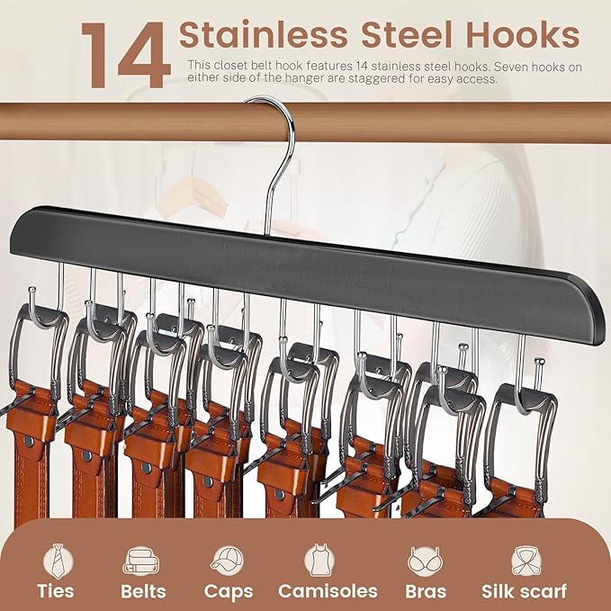 ASTIMESA Solid Wood Belt Hanger, 14 Hooks Belt Organizer Space Saver for Closet, 360° Rotating Belt Holder Tie Rack for Men Women Dorm Bra Purse Scarf Tank Top Storage Accessories (Black)