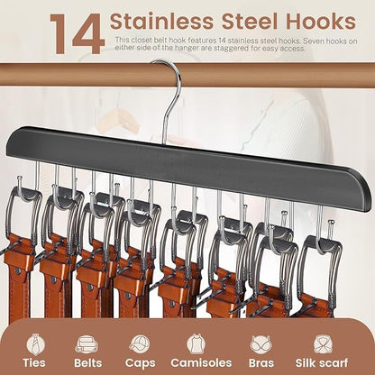 ASTIMESA Solid Wood Belt Hanger, 14 Hooks Belt Organizer Space Saver for Closet, 360° Rotating Belt Holder Tie Rack for Men Women Dorm Bra Purse Scarf Tank Top Storage Accessories (Black)