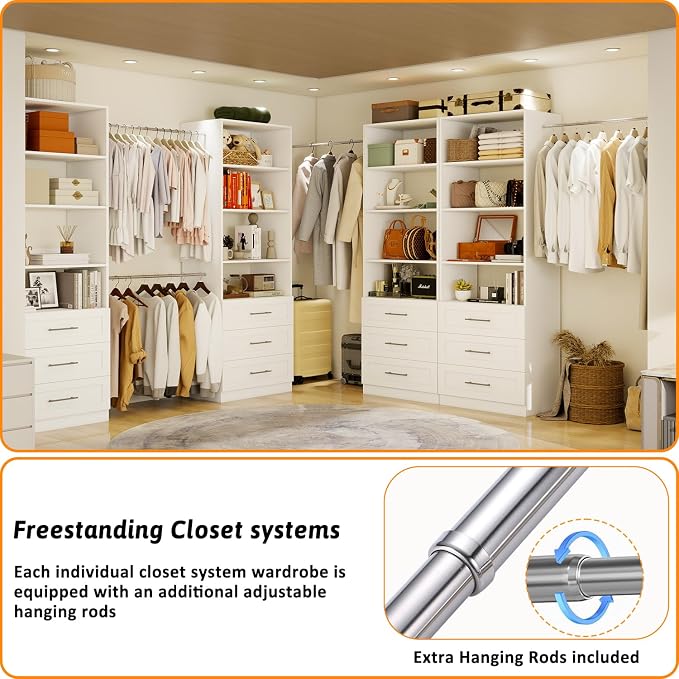 Closet System with 9 Drawers & 12 Shelves, Wood Closet Organizer System with 3 Extra Hanging Rod for Walk in Closet, Modular Closet Organizer System White(6FT)