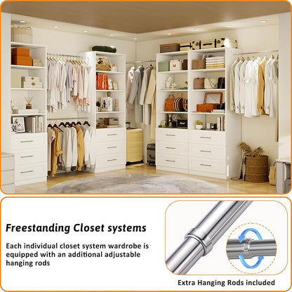 Closet System with 9 Drawers & 12 Shelves, Wood Closet Organizer System with 3 Extra Hanging Rod for Walk in Closet, Modular Closet Organizer System White(6FT)