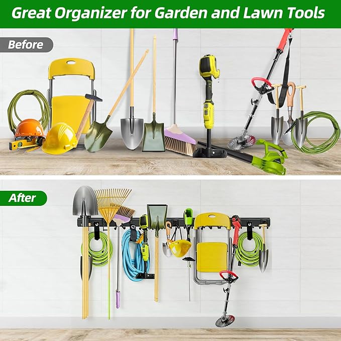PIYILO Garage Wall Organizer, 96 in Garden Tool Organizer with 12 Adjustable Garage Hooks and 3 Storage Straps, Heavy Duty Tool Holder Wall Mount for Garden & Shed Tools