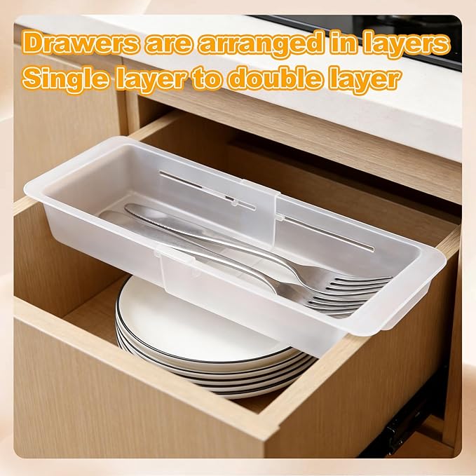 2 Pcs Deep Drawer Organizer Kitchen, Adjustable Sliding Drawer Organizer Bin, Transparent Expandable Drawer Organizer Trays Holder for Utensils Makeup Vanity Office, Expand 12" to 17"